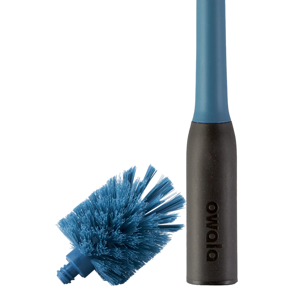 Owala 2-in-1 Bottle Brush in teal blue, detail of teal handle with black grip and detachable blue bristle head