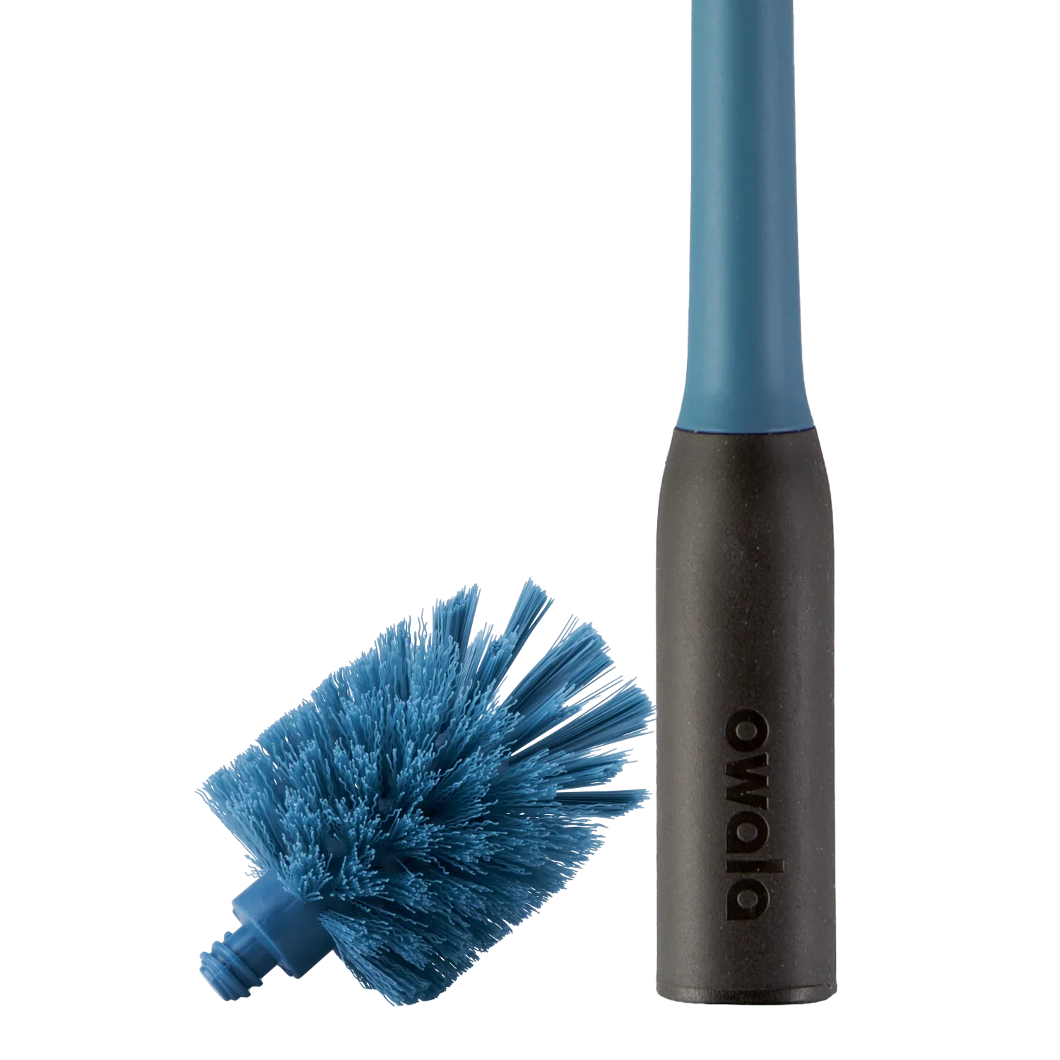 Owala 2-in-1 Bottle Brush in teal blue, detail of teal handle with black grip and detachable blue bristle head