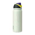 Owala FreeSip 32oz in RIP, pale mint insulated stainless steel body with white spider web, spider, and skeleton hand glow print, black lid, purple flip cap and yellow carry loop; glows in the dark